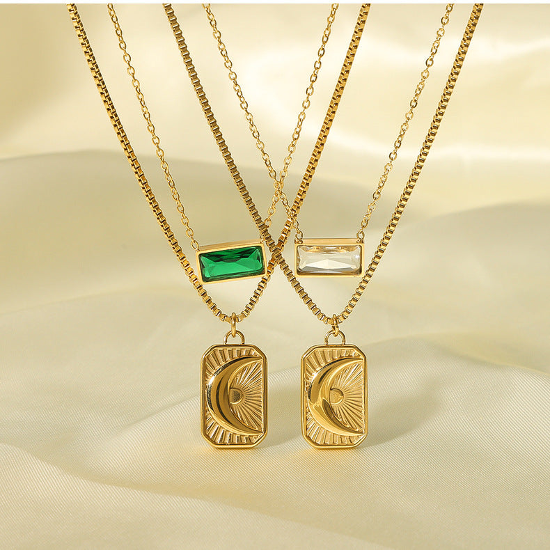Necklace for woman Moon Sun Pendant necklace double -layer vermiculite stainless steel necklace clavicle chain set
