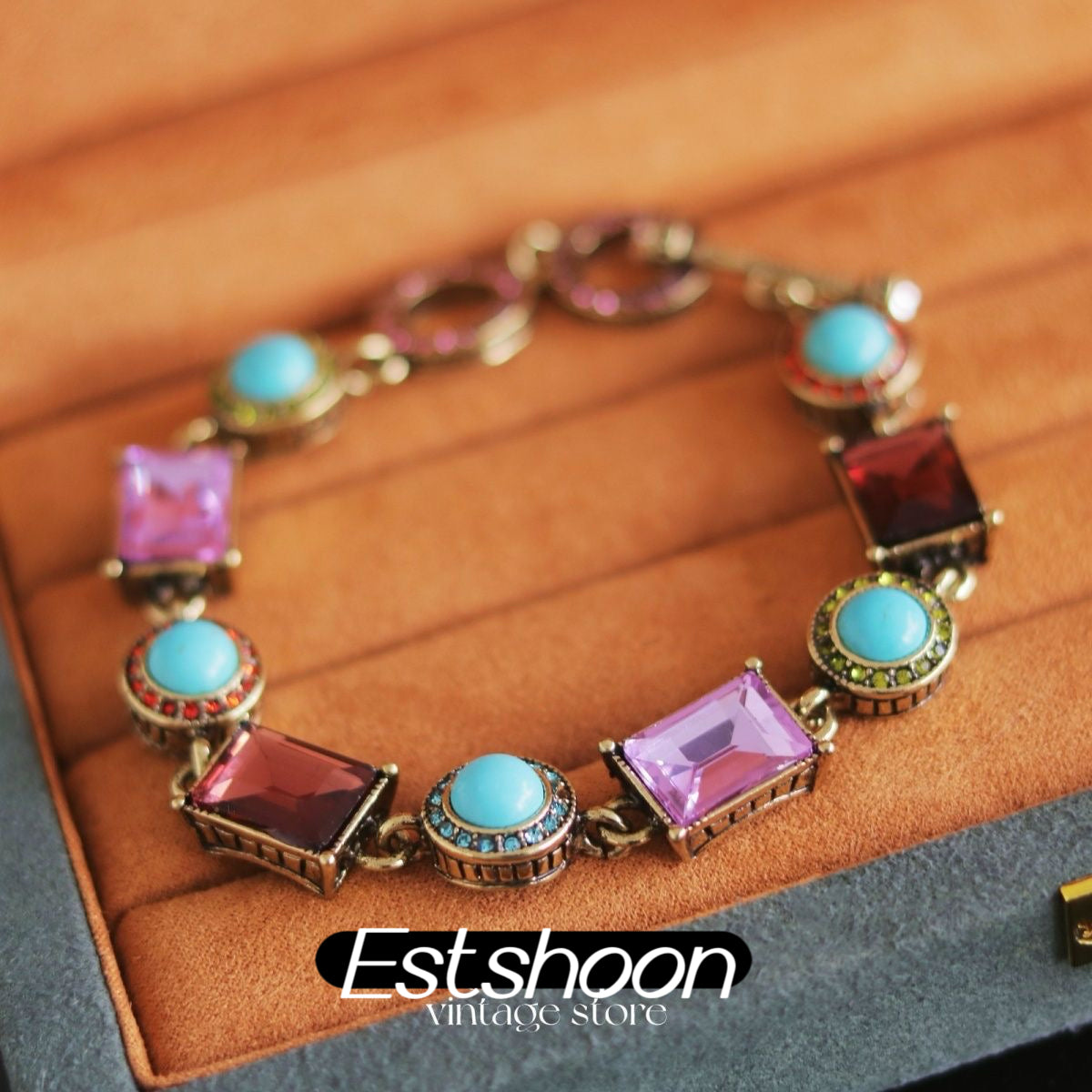 Vintage Natural stone crystal bracelet + necklace brass plated, high-grade medieval style