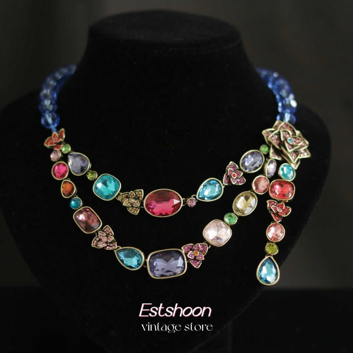 Necklace vintage Rose colored crystal, double necklace