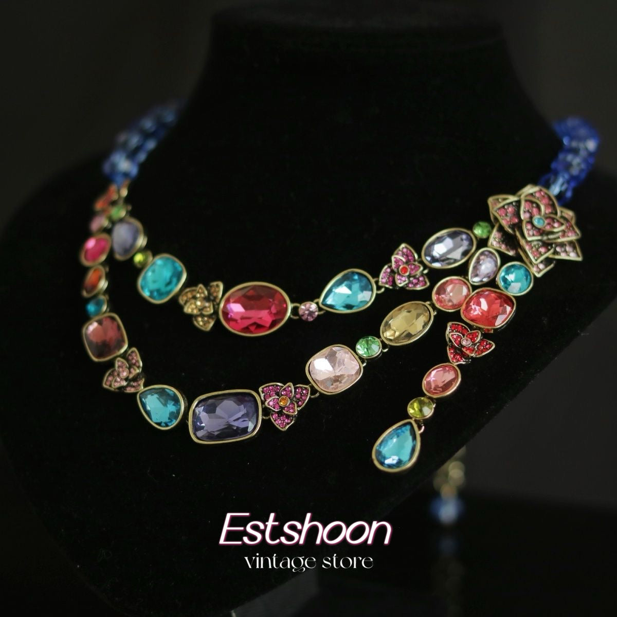 Necklace vintage Rose colored crystal, double necklace