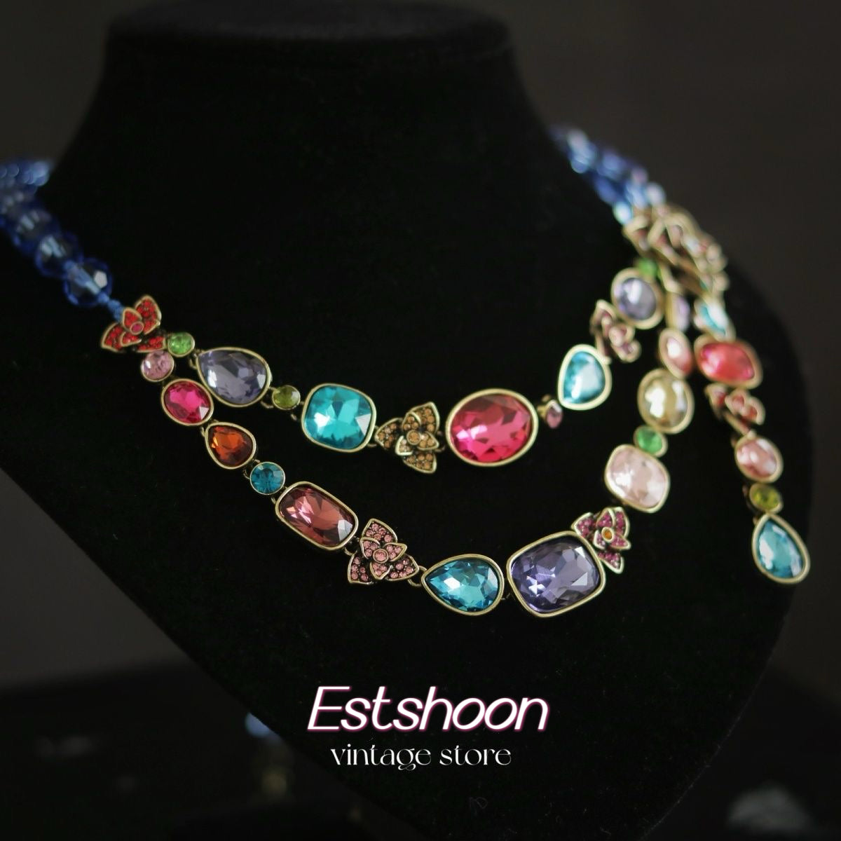 Necklace vintage Rose colored crystal, double necklace