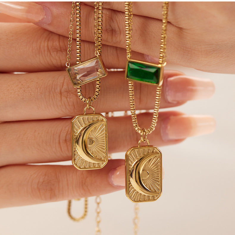 Necklace for woman Moon Sun Pendant necklace double -layer vermiculite stainless steel necklace clavicle chain set