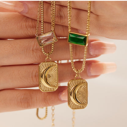 Necklace for woman Moon Sun Pendant necklace double -layer vermiculite stainless steel necklace clavicle chain set