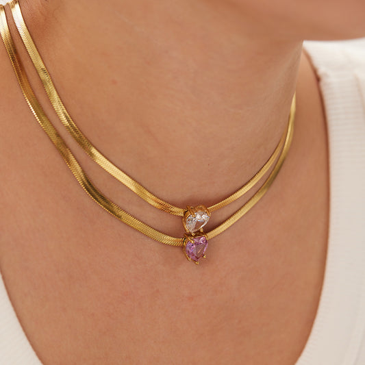 Necklace Stainless steel collarchain 18K gold heart -shaped embedded vermiculite pendant necklace