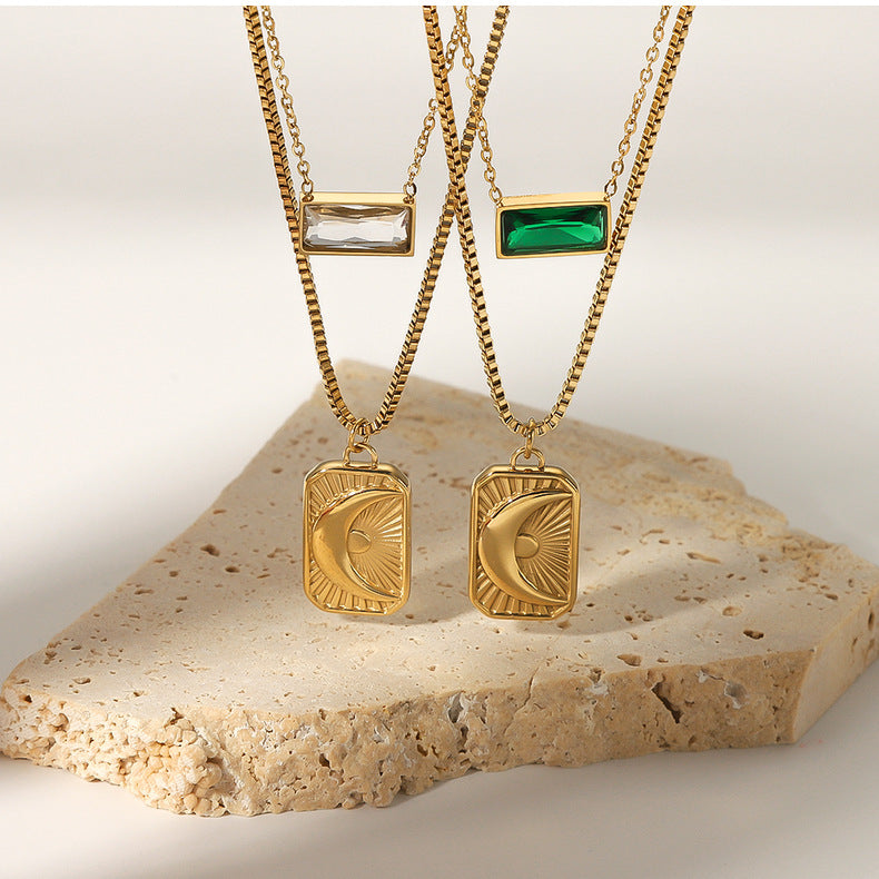 Necklace for woman Moon Sun Pendant necklace double -layer vermiculite stainless steel necklace clavicle chain set