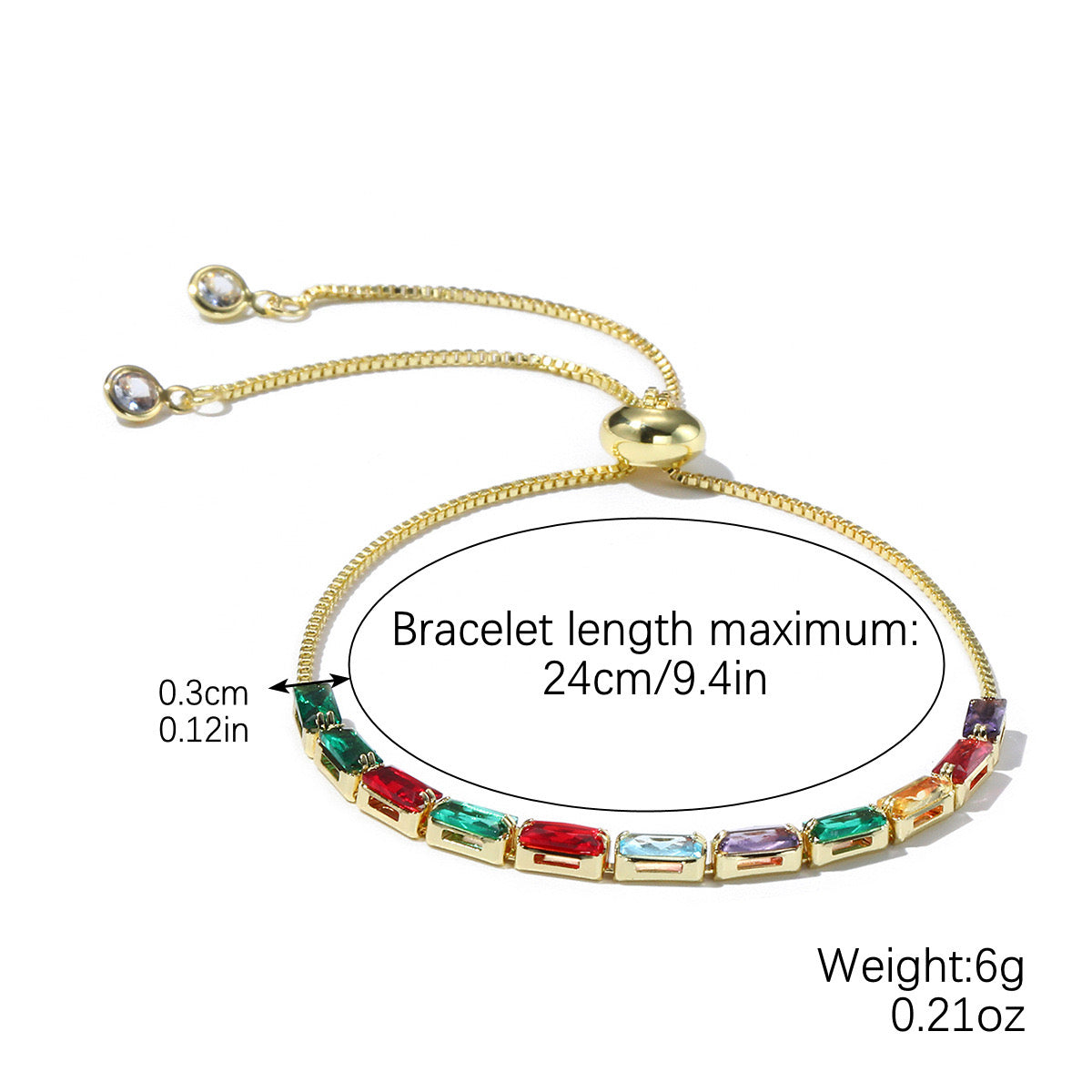 Colored zircon bracelet, square adjustable