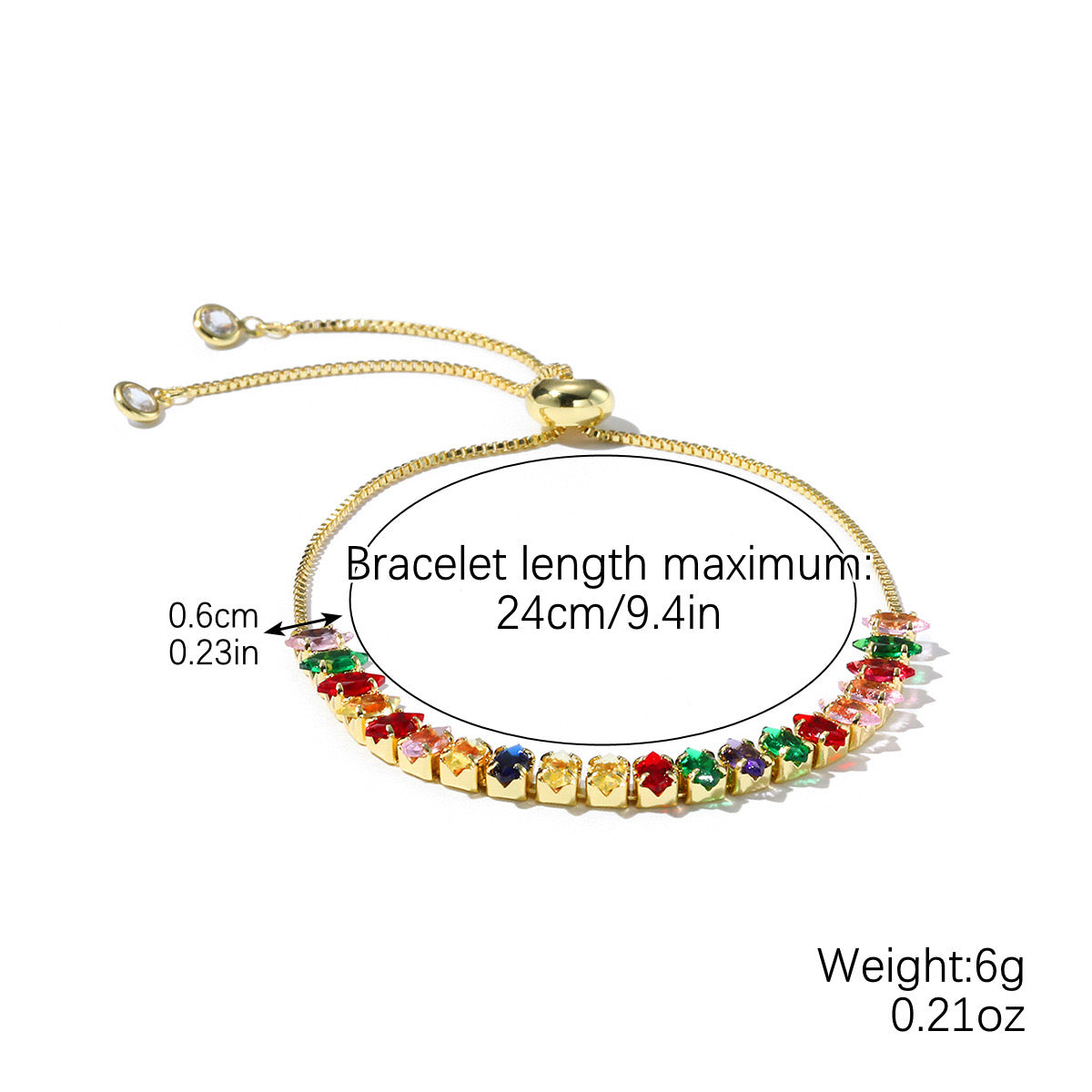 Colored zircon bracelet, square adjustable